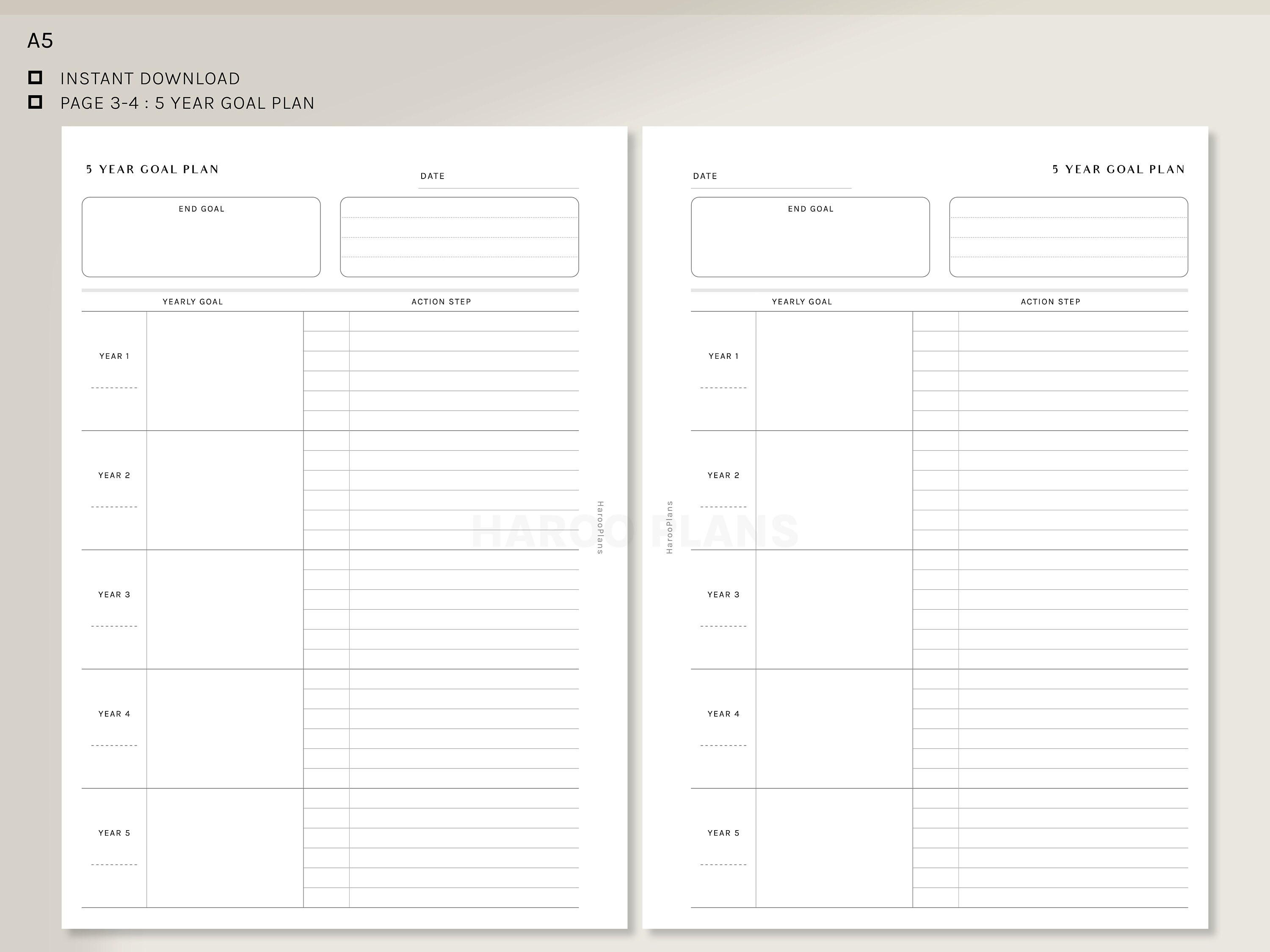 3 and 5 Year Goal Planner | A5 Printable Inserts | Life Goal Action ...