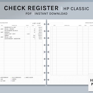 May include: A printable check register template for use with the HP Classic planner. The template has two pages, each with a grid for recording check information, including date, transaction, credit, debit, and balance. The template also includes a section for categorizing expenses.