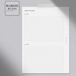 May include: A printable brain dump planner page with a grid layout. The page is divided into two sections labeled "Must" and "Want".
