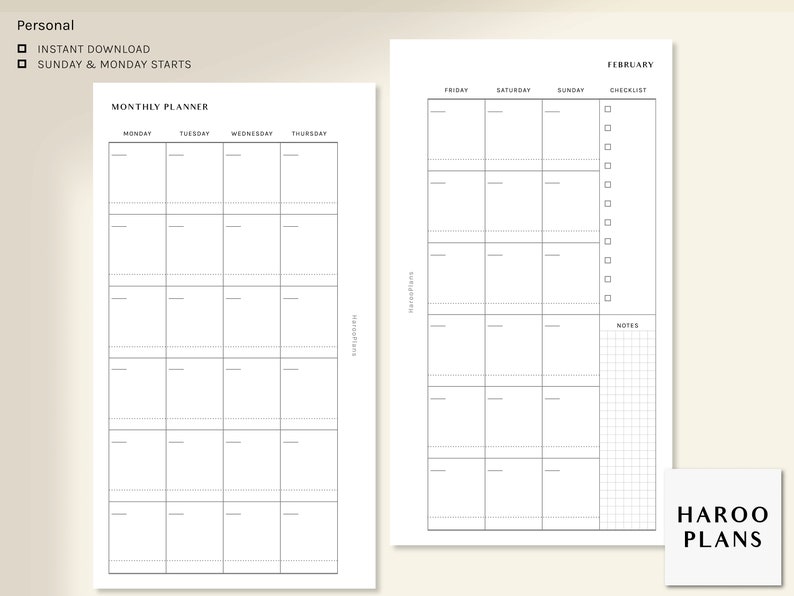 Undated Monthly Planner Printable Inserts Personal MO2P | Etsy