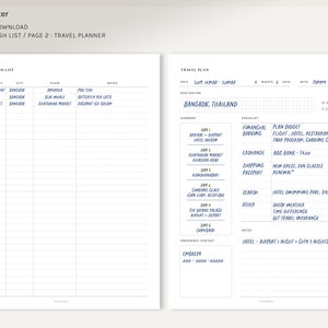 May include: A printable travel planner with a wish list and a travel plan section. The travel plan section includes a checklist for financial booking, exchange, shopping, passport, search, and other. The wish list section includes categories for restaurants, cafes, and markets.