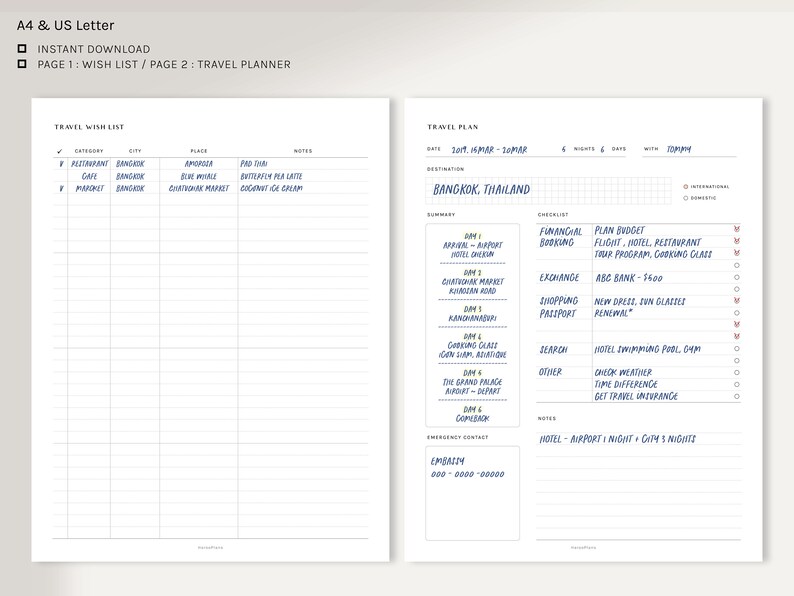 May include: A printable travel planner with a wish list and a travel plan section. The travel plan section includes a checklist for financial booking, exchange, shopping, passport, search, and other. The wish list section includes categories for restaurants, cafes, and markets.