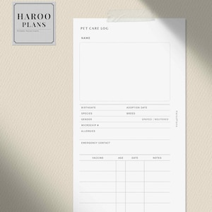 Pet Care Log | Personal size Printable Planner Inserts | Animal Profile Health Information Template | Vaccination Tracker | Digital Download image 6