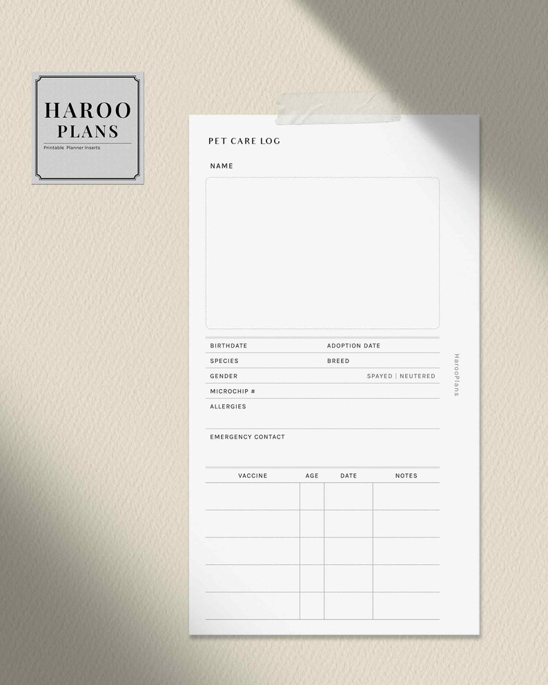 Pet Care Log | Personal size Printable Planner Inserts | Animal Profile Health Information Template | Vaccination Tracker | Digital Download image 6