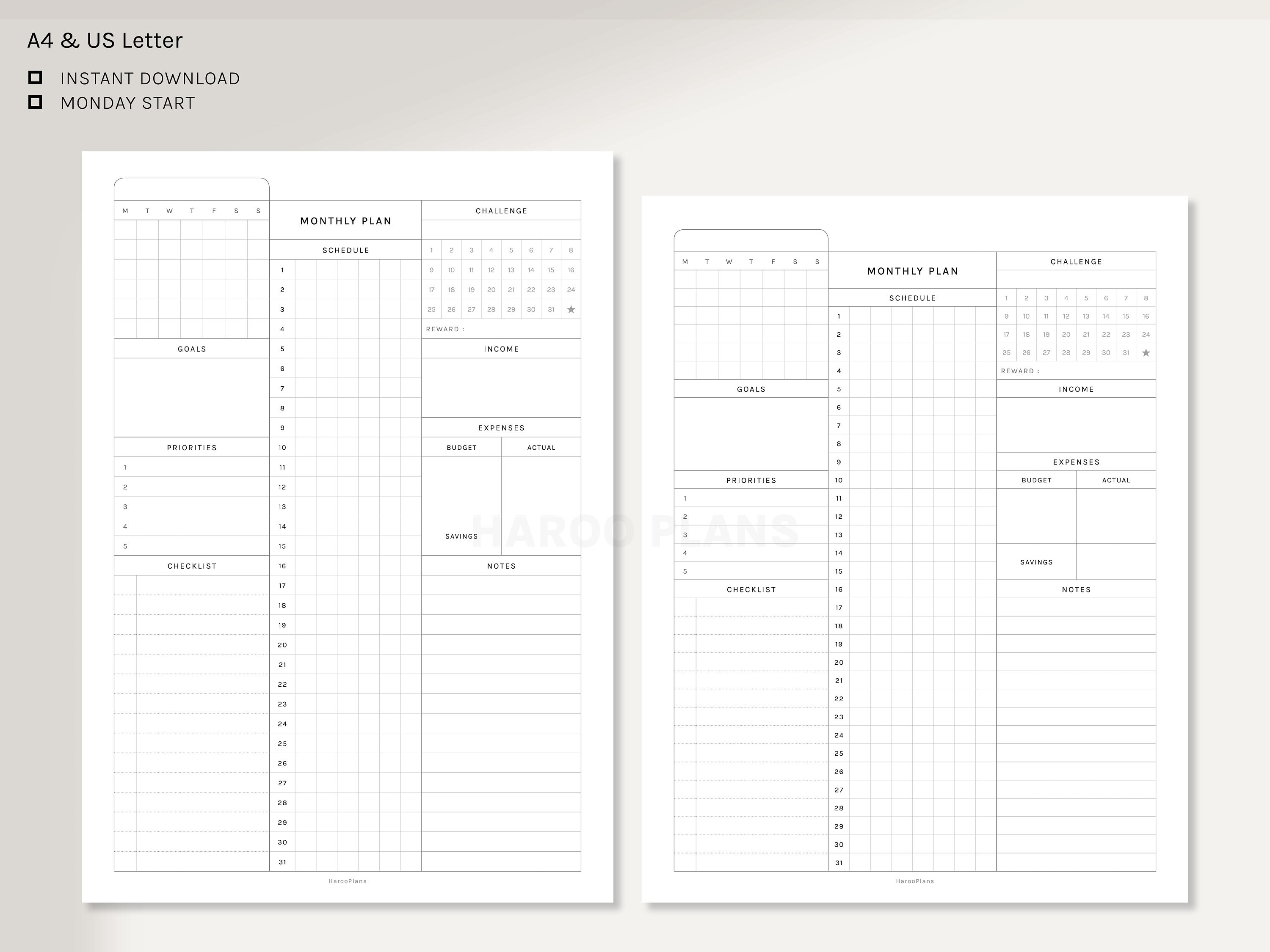 Monthly Planner A4 US Letter Printable Inserts Monthly - Etsy Canada