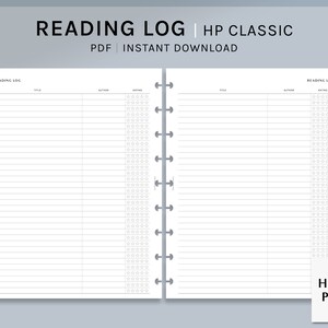 Puede incluir: Una plantilla de registro de lectura imprimible para un Happy Planner Classic. La plantilla tiene dos columnas con encabezados para "Título", "Autor" y "Calificación". La columna de calificación tiene espacio para 5 estrellas.
