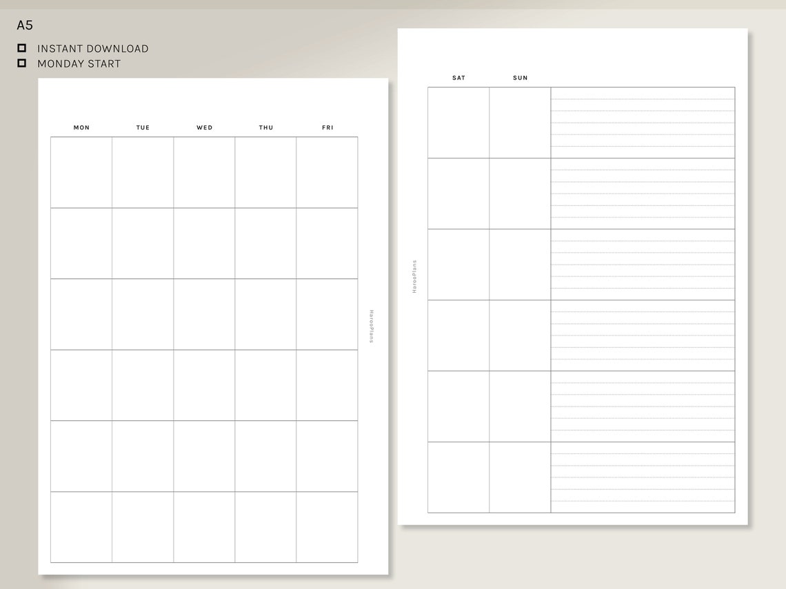 Undated Monthly Planner | A5 Printable Planner Inserts | MO2P Layout ...