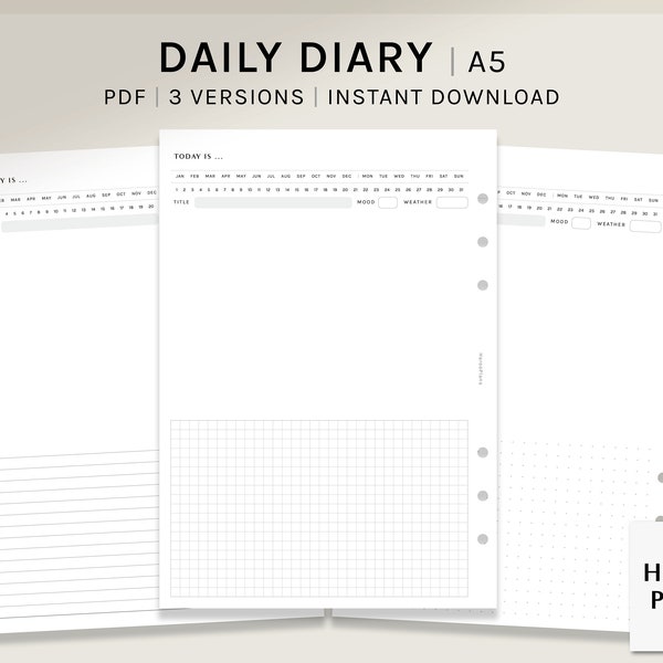 Daily Diary | A5 | Printable Planner Inserts | Blank Notepad | Idea Notes, Doodle Journal, Diary Writing Template PDF | Digital Download