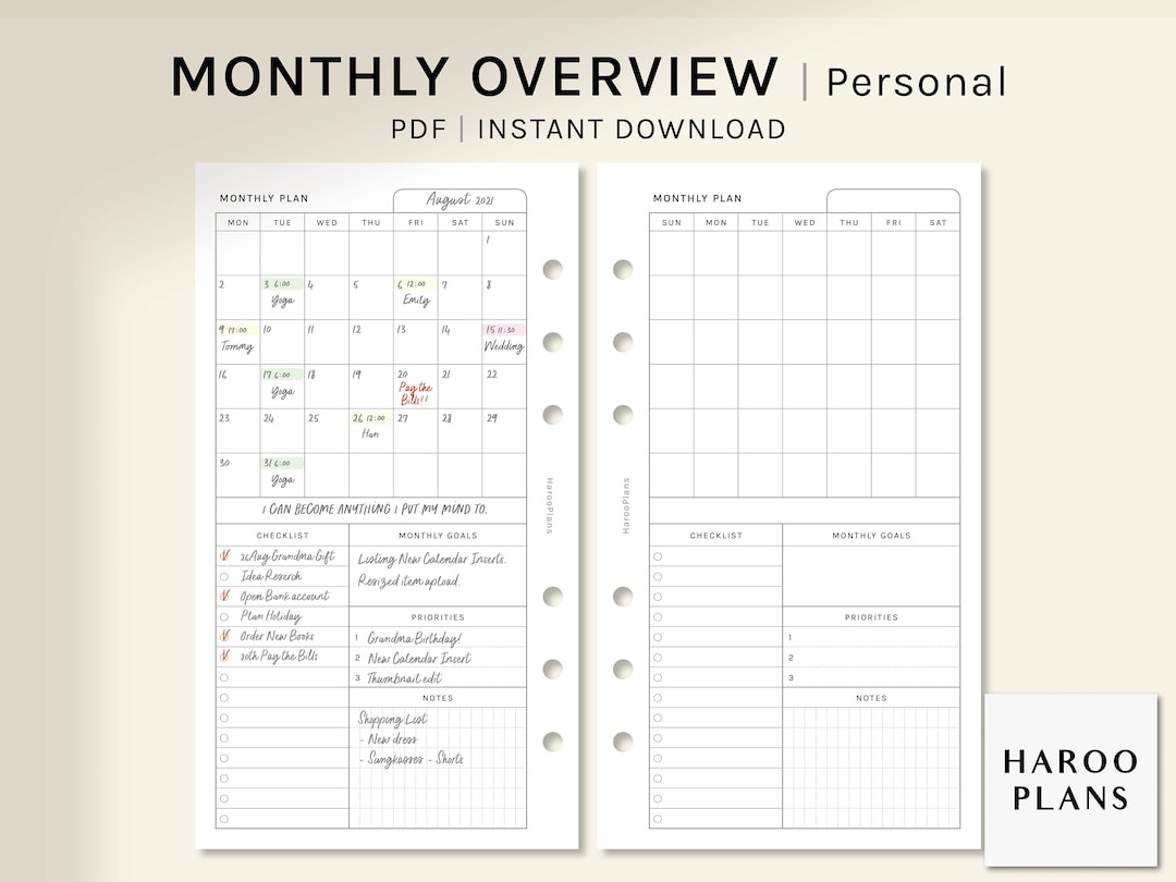 Monthly Overview | Personal Ring Printable Planner Inserts | MO1P ...