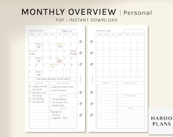 Monthly Overview | Personal Ring Printable Planner Inserts | MO1P Layout | Month on one page Template | Blank Calendar | Digital Download