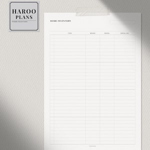 May include: A printable home inventory checklist with columns for item, brand, model, and serial number. The checklist is titled "Home Inventory" and is a printable planner insert from Haroo Plans.