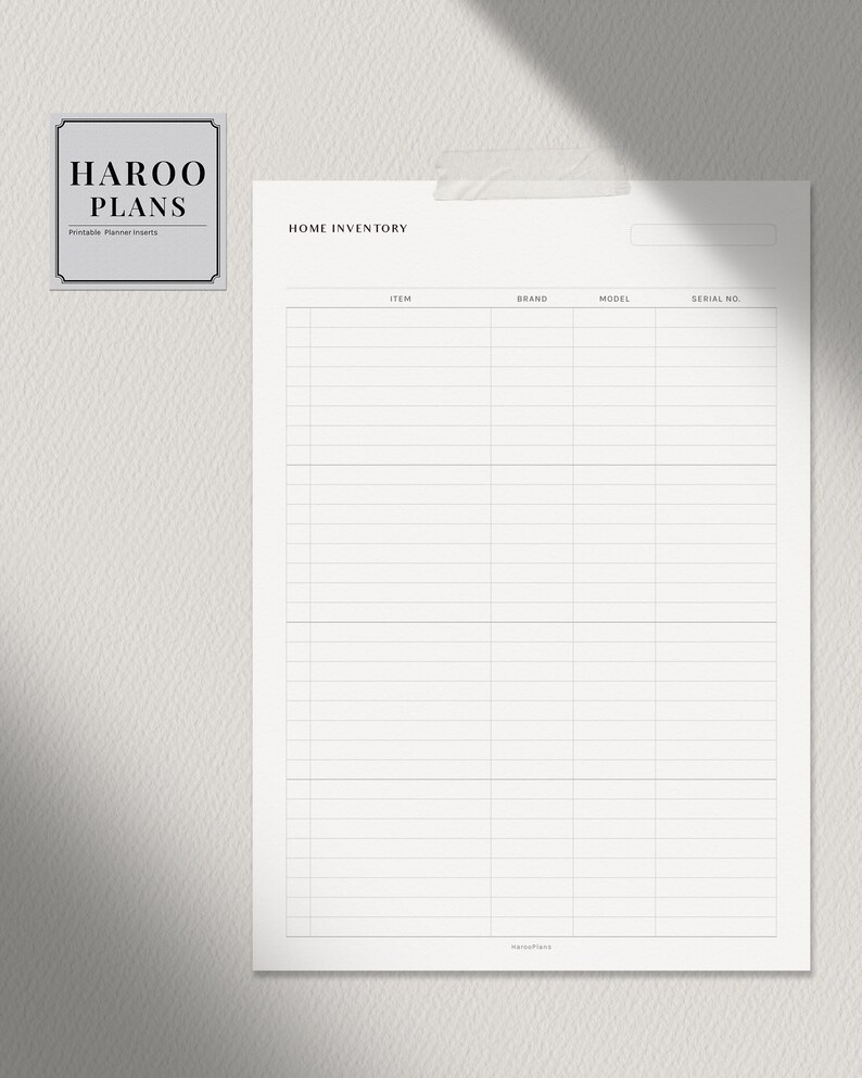 May include: A printable home inventory checklist with columns for item, brand, model, and serial number. The checklist is titled "Home Inventory" and is a printable planner insert from Haroo Plans.