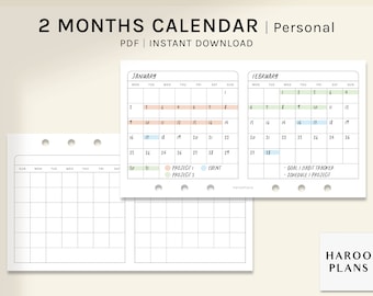 2 Month Calendar | Personal size Printable Planner Inserts | Two Months on 1 Page Template | Monthly PDF | Horizontal | Digital Download