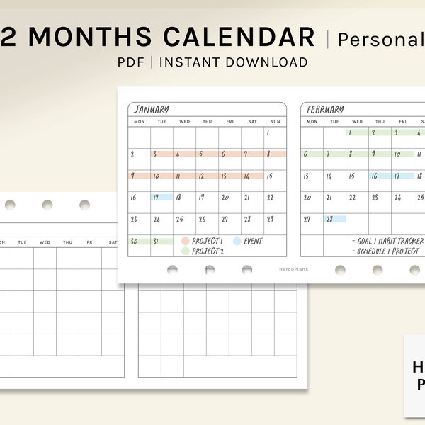 Calendario 2 mesi / Inserti Planner stampabili di dimensioni personali / Due mesi su 1 modello di pagina / PDF mensile / Orizzontale / Download digitale