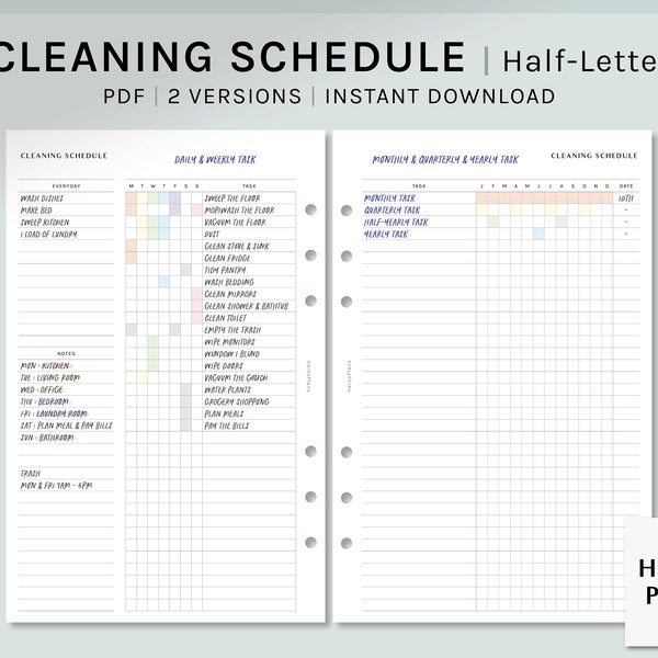 Cleaning Schedule | Half-Letter Printable Planner Inserts | Housekeeping Routine template | Home Chores Task List PDF | Digital Download