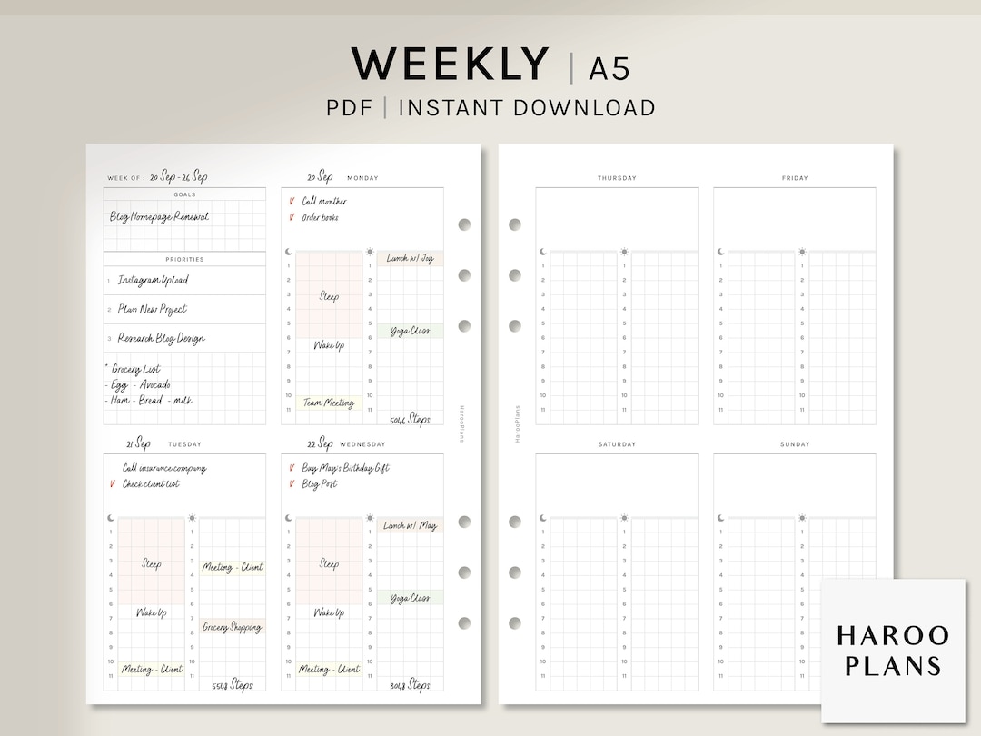 Weekly Planner | A5 Printable Planner Inserts | WO2P Layout Template ...