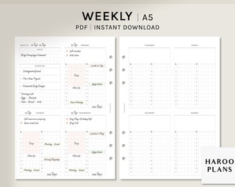 Weekly Planner | A5 Printable Planner Inserts | WO2P Layout Template | Week Schedule Organizer Sheet | 24 Hours Timetable | Digital Download