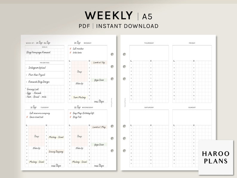Weekly Planner | A5 Printable Planner Inserts | WO2P Layout Template ...
