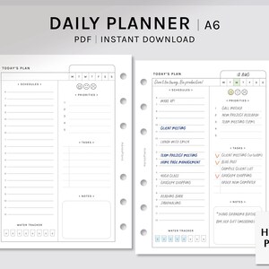 Könnte beinhalten: Ein schwarz-weißer druckbarer Tagesplaner im A6-Format. Der Planer hat Abschnitte für Zeitpläne, Prioritäten, Aufgaben und Notizen. Er enthält auch einen Wasser-Tracker und einen Platz für das Datum. Der Text "Sei nicht beschäftigt, sei produktiv!" steht oben auf dem Planer.