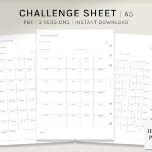 Challenge Sheet | A5 | Printable Planner Inserts | 30 50 100 Day Habit Tracker Template Bullet Journal | Digital Download