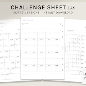 | van uitdagingsbladen A5 | Afdrukbare planner voegt | 30 50 100 dag gewoonte tracker sjabloon bullet journal | Digitaal downloaden