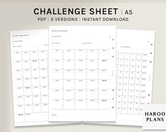 Challenge Sheet | A5 | Printable Planner Inserts | 30 50 100 Day Habit Tracker Template Bullet Journal | Digital Download