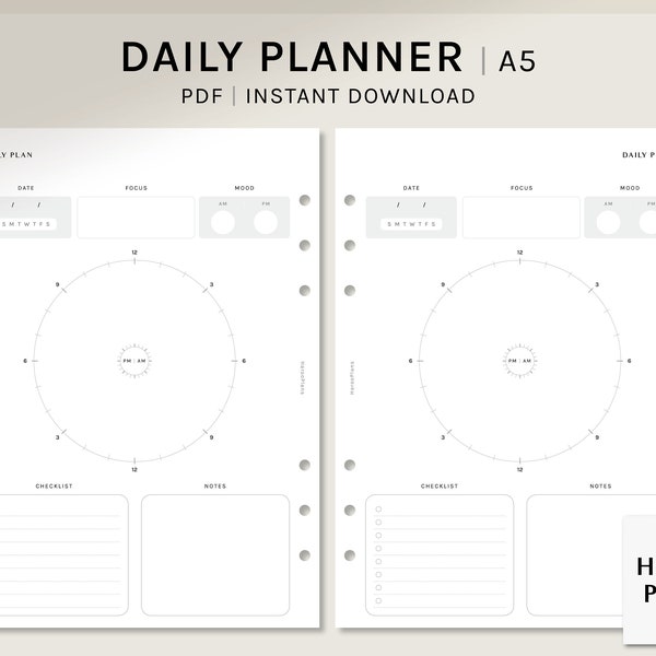 Daily Planner | A5 Printable Planner Inserts | 24 Hour Schedule Layout | Today Journal PDF | Undated Day Plan Organizer | Digital Download