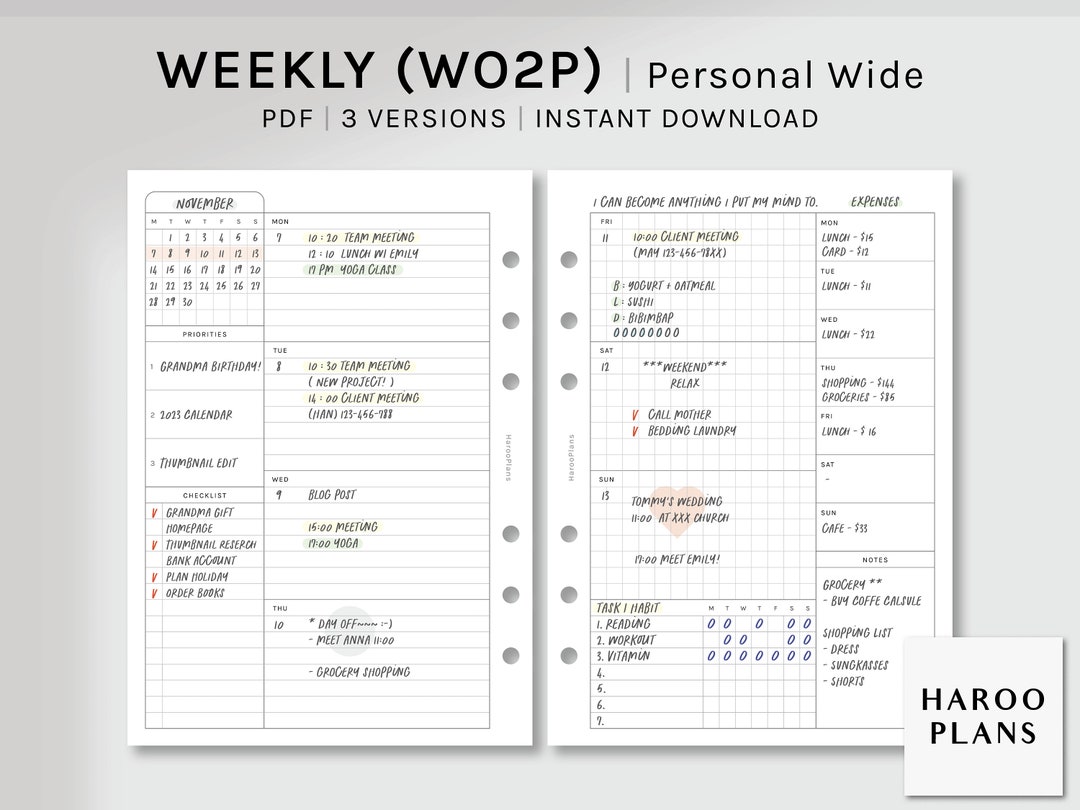 Undated Weekly | Personal Wide Printable Planner Inserts | WO2P ...