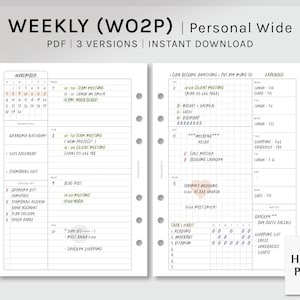 Undated Weekly | Personal Wide Printable Planner Inserts | WO2P Schedule Template | with Calendar | Week at a glance PDF | Digital Download