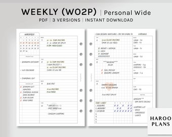 Undated Weekly | Personal Wide Printable Planner Inserts | WO2P Schedule Template | with Calendar | Week at a glance PDF | Digital Download