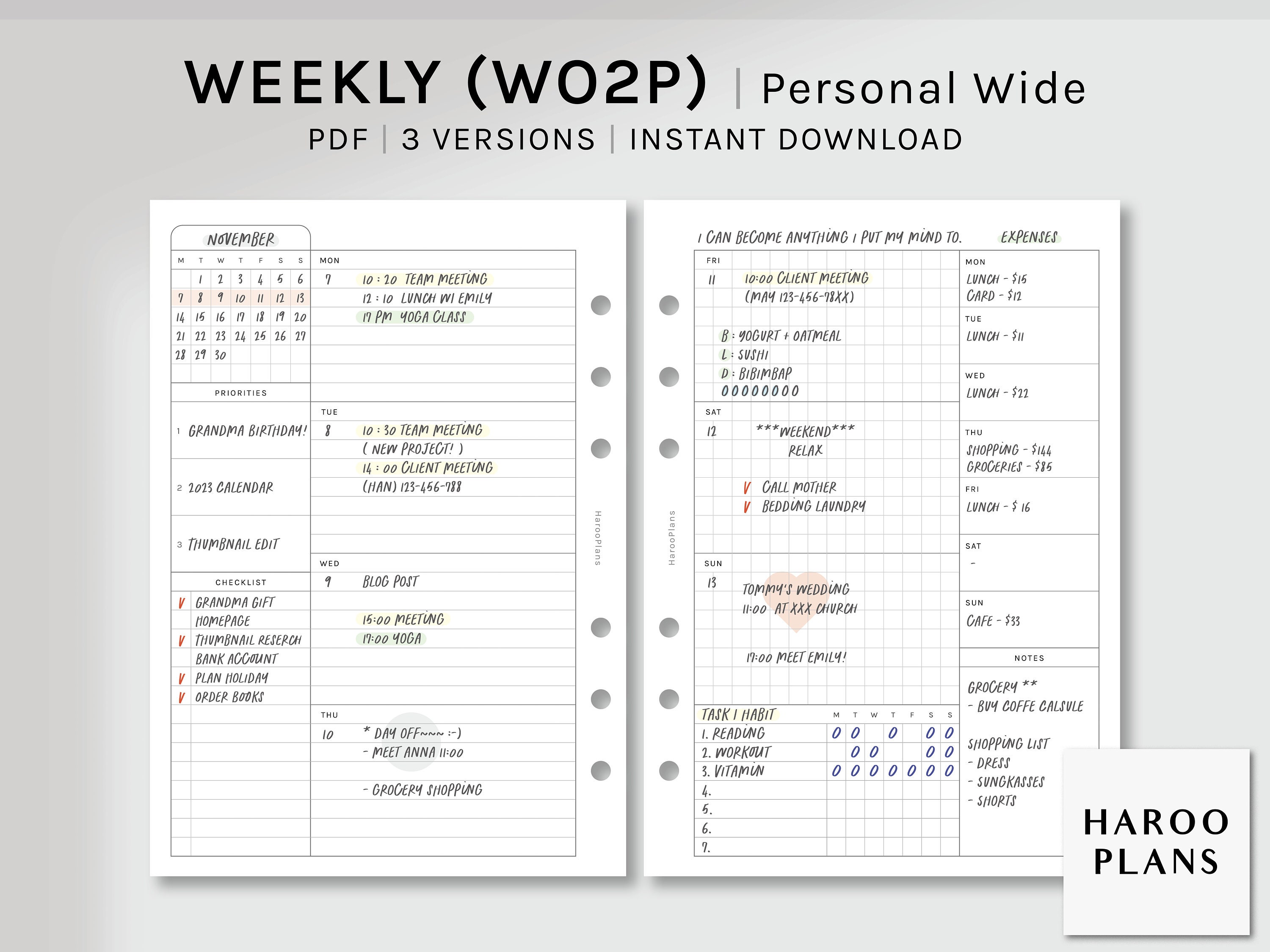 Undated Weekly | Personal Wide Printable Planner Inserts | WO2P ...