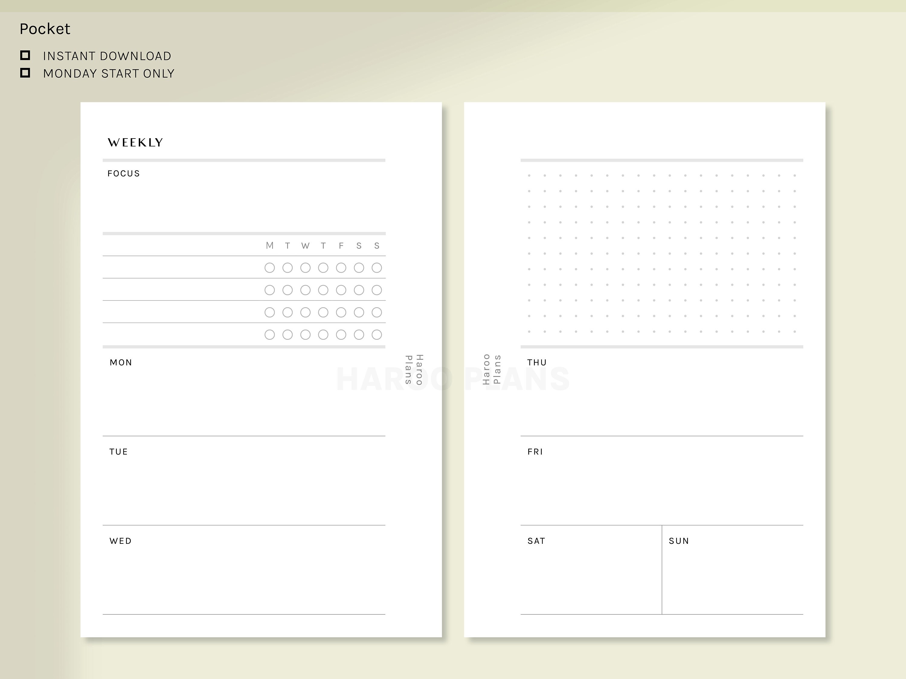 Simple Weekly | Pocket Ring Printable Planner Inserts | Undated WO2P ...