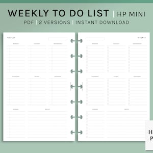 Puede incluir: Un planificador de lista de tareas semanal imprimible en formato PDF para planificadores HP Mini. El planificador tiene dos versiones, una con una lista de verificación y otra con espacios rayados para escribir. El planificador está diseñado para un diseño semanal con espacios para cada día de la semana, incluido el domingo. El planificador también incluye una sección de notas.