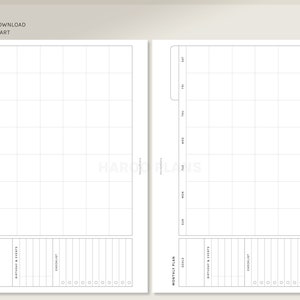 May include: A black and white printable monthly planner with a grid layout for each day of the week. The planner includes sections for goals, birthdays and events, and a checklist.