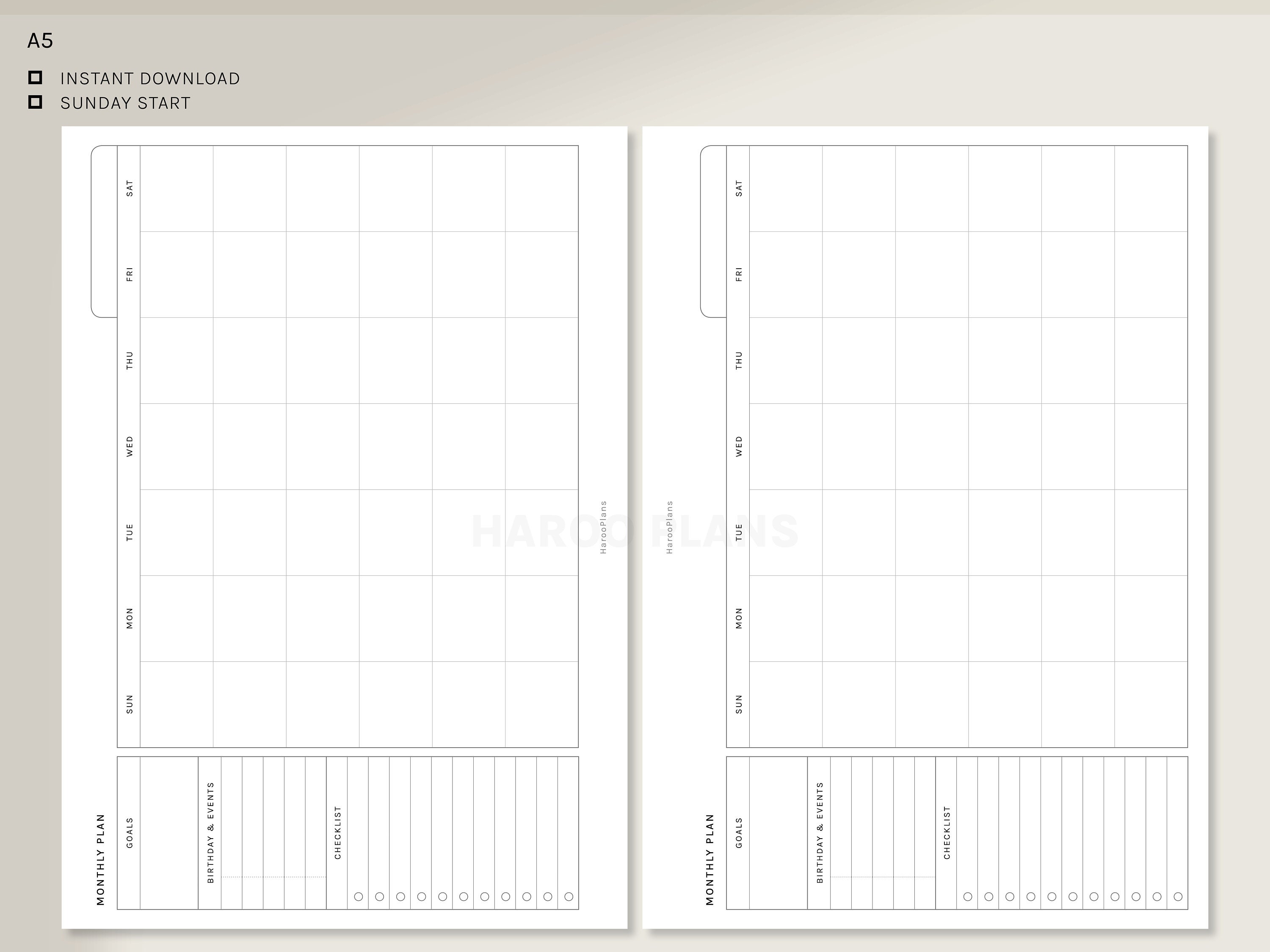 Monthly Planner | A5 Printable Planner Inserts | MO1P Horizontal Layout ...