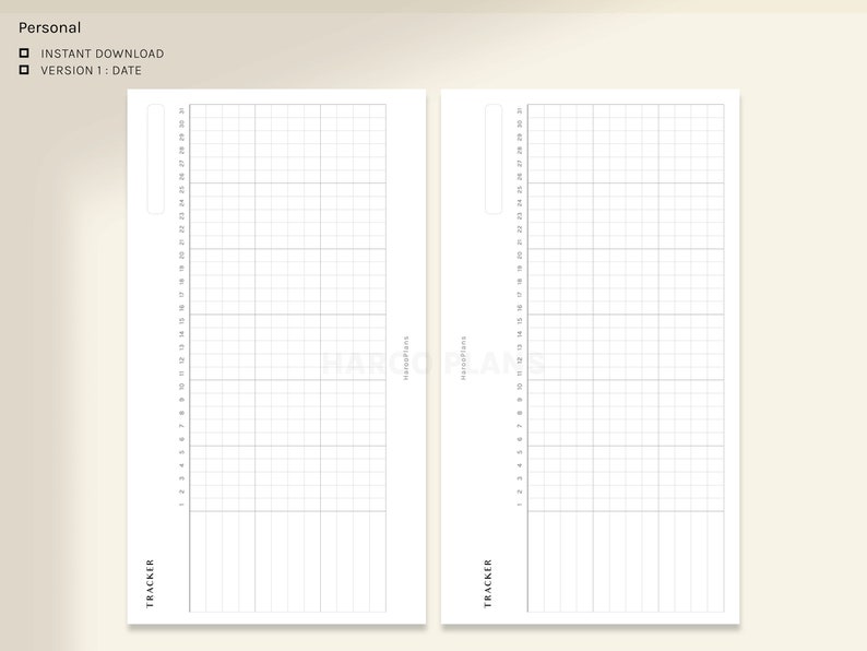 May include: Two blank printable tracker pages with a grid pattern and the word "TRACKER" at the bottom of each page. The text "Personal" and "INSTANT DOWNLOAD" are at the top of the page.
