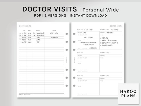 Doctor Visits Log Personal Wide Printable Planner Inserts - Etsy