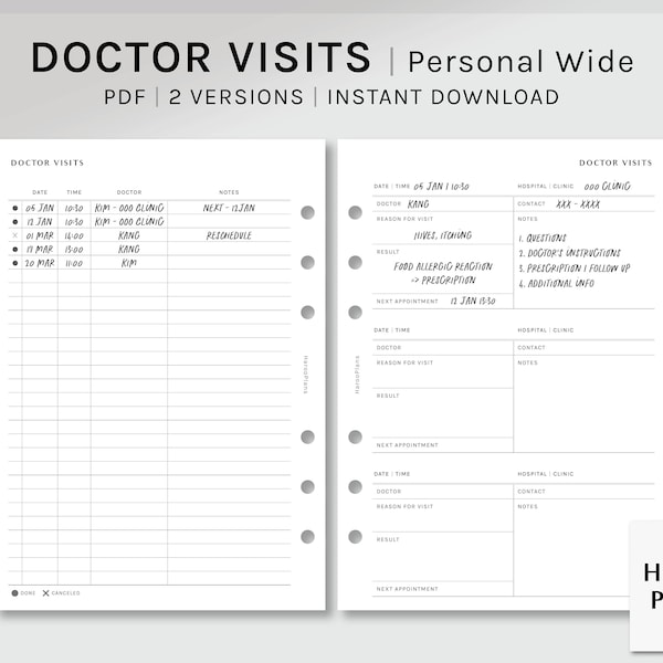 Arztbesuche | Personal Wide Printable PlanerEinlagen | Terminverfolgungsvorlage | Gesundheitstagebuch PDF | Digitaler Download