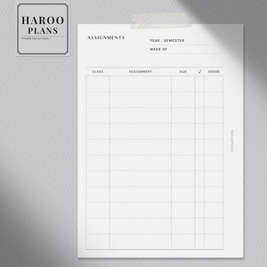 May include: A printable assignment tracker with sections for class, assignment, due date, checkmark, and grade. The tracker has the text "HAROO PLANS" at the top.