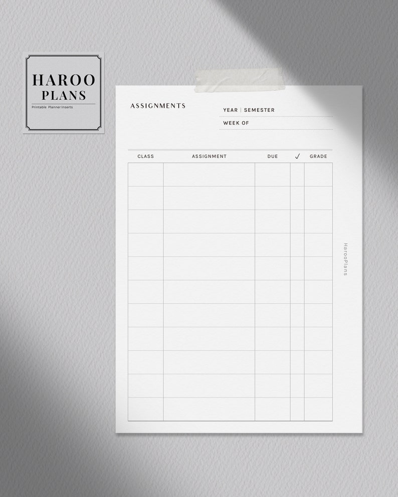 May include: A printable assignment tracker with sections for class, assignment, due date, checkmark, and grade. The tracker has the text "HAROO PLANS" at the top.