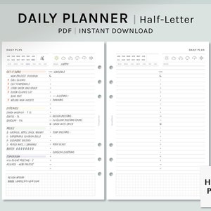 May include: A daily planner in half-letter size, with a white background and black text. The planner has a daily schedule, a to-do list, and a notes section. The planner is designed for use with a disc-bound system. The planner is available as a PDF download.