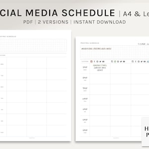 May include: A white social media schedule template with the text "SOCIAL MEDIA SCHEDULE" at the top. The template includes sections for platform, weekly goals, and posting schedule. The text "A4 & Letter" and "PDF 2 VERSIONS INSTANT DOWNLOAD" are also visible.