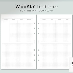 Può includere: Un planner settimanale stampabile in formato mezzo-lettera con un layout a griglia. Il planner è diviso in sette colonne per ogni giorno della settimana, con una colonna separata per "Questa settimana". Il planner è progettato per essere utilizzato con un sistema di planner a disco.