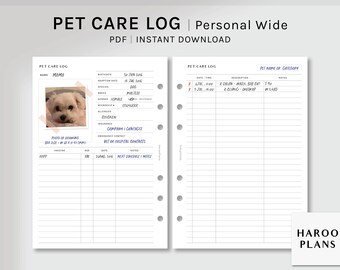 May include: A printable pet care log with a white background and black text. The log includes sections for pet information, such as name, breed, and birthday, as well as a space for a photo or drawing of the pet. The log also includes a section for tracking vet appointments and other important pet care information.
