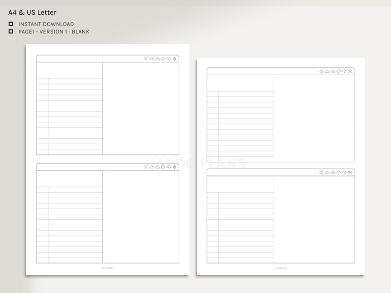 Puede incluir: Una p&aacute;gina en blanco imprimible dividida en cuatro secciones, cada una con papel rayado. La p&aacute;gina est&aacute; etiquetada como "A4 & US Letter" y "PAGE1 - VERSION 1: BLANK".