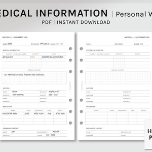 Medical Information | Personal Wide Printable Planner Inserts | Health Info Worksheet | Doctor List, Medication Log PDF | Digital Download