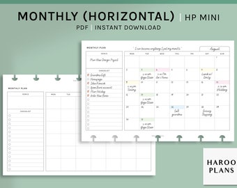 Monthly | HP Mini Printable Happy Planner Inserts | MO1P Horizontal Layout Template | Undated Blank Calendar Sheet PDF | Digital Download