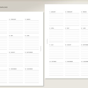May include: A printable A5 yearly planner with a simple design. The planner is divided into 12 sections, one for each month of the year. Each month is labeled with the month's number and name. The planner has lines for writing in appointments and events.