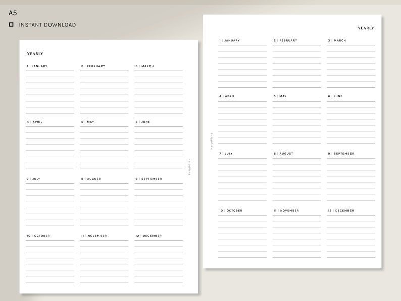 May include: A printable A5 yearly planner with a simple design. The planner is divided into 12 sections, one for each month of the year. Each month is labeled with the month's number and name. The planner has lines for writing in appointments and events.