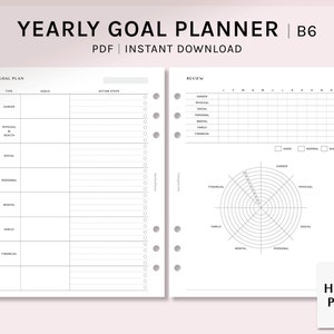 Doelplanner | B6 Ringen Afdrukbare Inserts | Life Goal Setting Journal Review Sjabloon | Jaarlijks actieplan Organisator PDF-| Digitale download